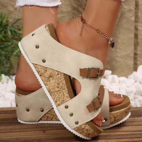 Damen Plateau Kork Sandalen Nieten Doppel Schnalle Peep Toe Keilabsatz Pantoletten Sommer Casual Strand Schuhe Bohemian Slides Für Damen
