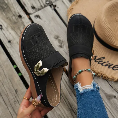 Women Hollow Out Clog Slippers Summer Wedge Platform Mules Retro Bohemian Microfiber Metal Buckle Casual Beach Shoes