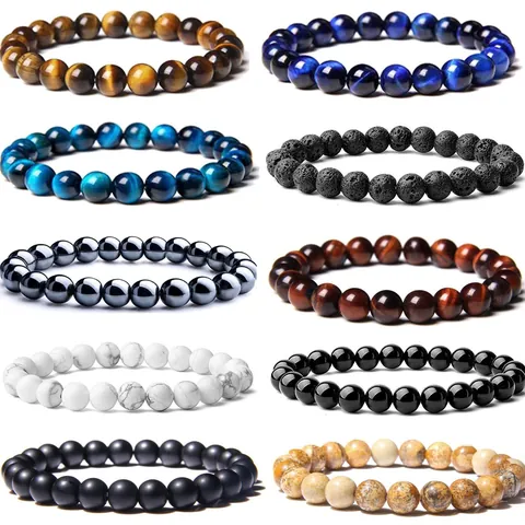 Natural Stone Bead Bracelet Tiger Eye Howlite Lava Rock Hematite Elastic Strand Healing Crystal Bracelet For Men Women