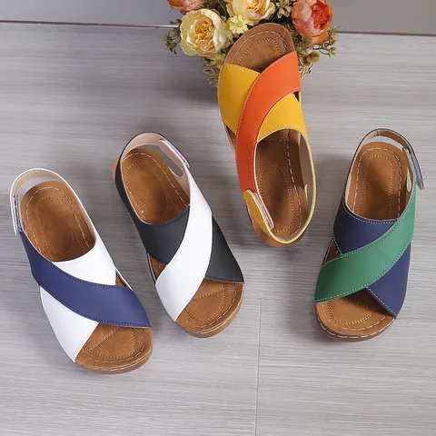 Women's Platform Color Block Roman Sandals Velcro Cross Strap Summer Beach Shoes Casual Wedge Sandals Open Toe Platform Shoes