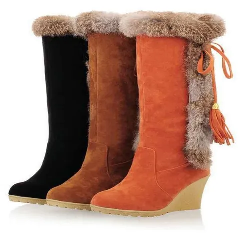 Women's Wedge Heel Snow Boots Faux Fur Trim High Top Tassel Long Boots Winter Warm Large Size Shoes