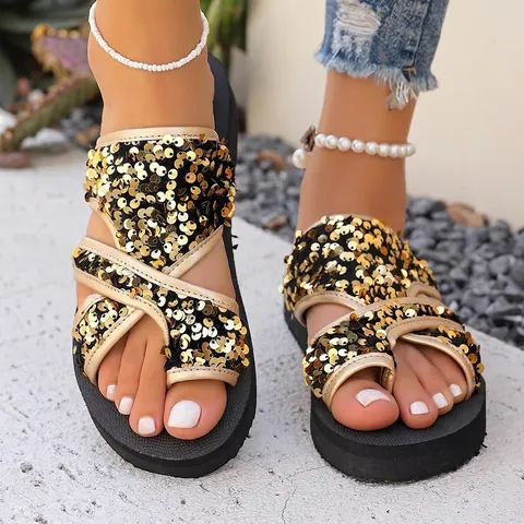 Pantoufles à Sangles Croisées à Paillettes pour Femmes Mode Semelle Souple Plage Slides Doublure en Maille Bout Ouvert Sandales à Plateforme