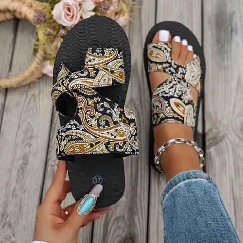 Damen Mode Atmungsaktives Mesh Slides Sandalen Weiche Sohle Bohemian Print Flache Strand Slipper Große Größe 36-45 Sommer Outdoor Schuhe