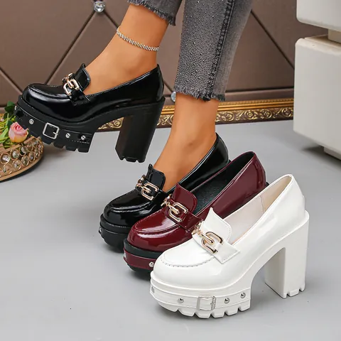 Women Patent Leather Chunky High Heel Platform Loafers Gothic Punk Rivet Metal Chain Dark Style Banquet Dress Shoes