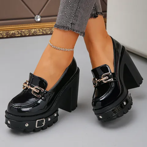 Women Patent Leather Chunky High Heel Platform Loafers Gothic Punk Rivet Metal Chain Dark Style Banquet Dress Shoes