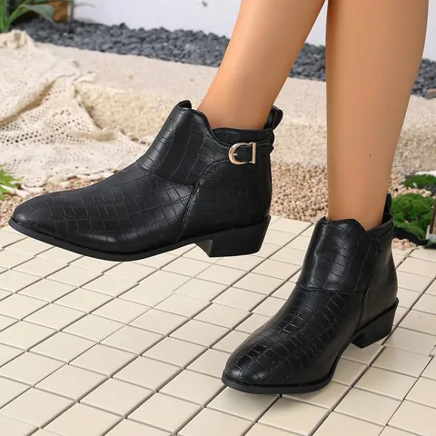 Women Western Croc-Effect Ankle Boots Pointed Toe Low Block Heel Boots Side Buckle PU Leather Retro Short Booties For Daily Wear