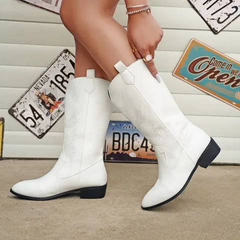 Women's Western Embroidered Cowboy Boots Pointed Toe Block Heel Mid Calf Knight Boots Fashion Retro Faux Leather Tall Boots