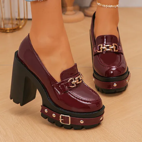 Women Patent Leather Platform Loafers Chunky High Heel Horsebit Chain Artificial Pearl Rivet Punk Lolita Shoes Party Wedding Gothic Elegant Dress Shoes