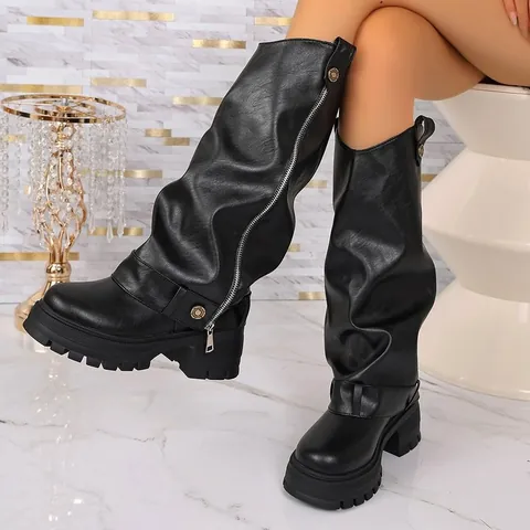 Stivali da Cavaliere Increspati da Donna con Platform Stile Britannico Alti al Ginocchio Suola Lug Stivali in Pelle per Autunno Inverno