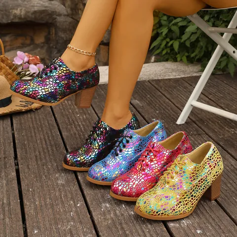Décolleté da Donna con Tacco Alto e Motivo a Mosaico Colorato Lacci Punta Tonda Tacco Largo Venatura del Legno Scarpe Casual