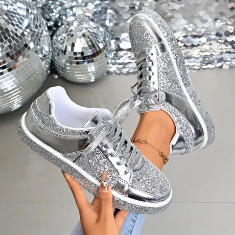 Women's Sequin Board Shoes Shiny Glitter Flat Sneakers Lace-up Champagne Silver Casual Fashion Low Top Shoes