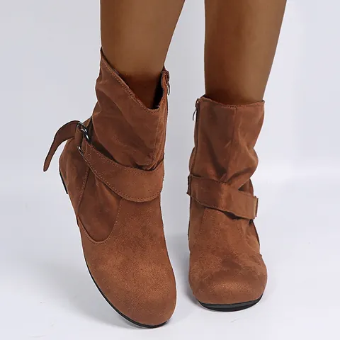Mode Suède Bottines Slouchy Femmes Boucle Métal Fermeture Éclair Latérale Bout Rond Semelle en Caoutchouc Plate Bottes Hiver