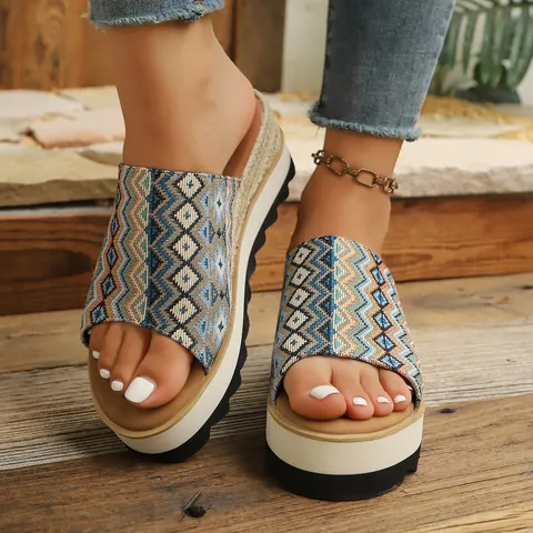 Women Bohemian Ethnic Platform Wedge Slippers Canvas Jute Woven Peep Toe Slides Western Style Leopard Print Houndstooth Open Toe Height Increasing Slides Beach Vacation Summer Holiday Everyday Outdoor Casual Wear Shoes For Ladies