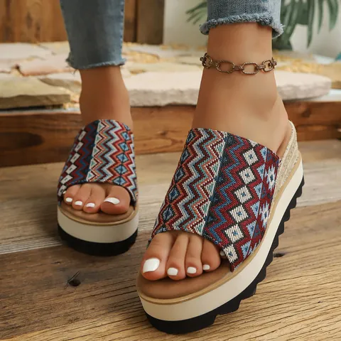 Women Bohemian Ethnic Platform Wedge Slippers Canvas Jute Woven Peep Toe Slides Western Style Leopard Print Houndstooth Open Toe Height Increasing Slides Beach Vacation Summer Holiday Everyday Outdoor Casual Wear Shoes For Ladies