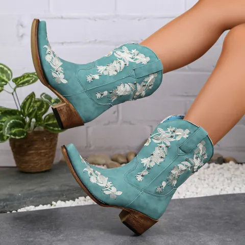 Women Embroidered Rivet Western Cowboy Boots Faux Suede Pointed Toe Block Heel Mid-Calf Knight Boots Turquoise Ethnic Style