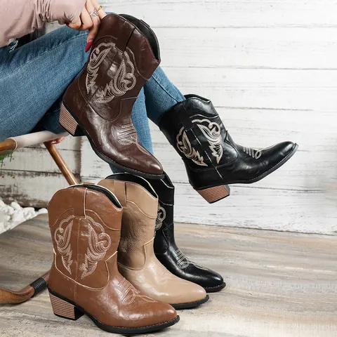 Women Vintage Western Cowboy Boots Embroidered Mid-Calf Boots V-Mouth Chunky Heel Synthetic Leather Martin Boots Autumn Winter