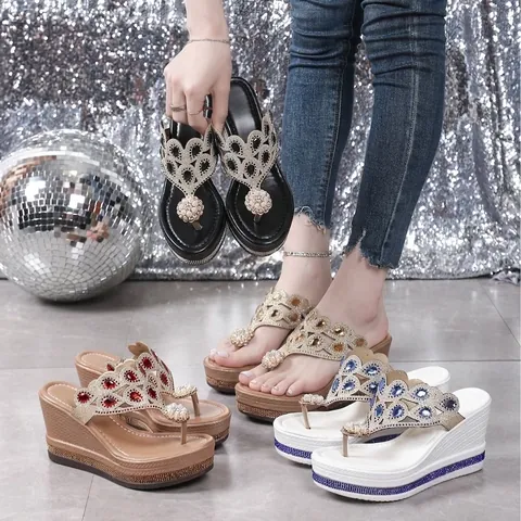 Chancletas de Cuña con Diamantes de Imitación para Mujer Sandalias de Plataforma de Gamuza con Adornos de Perlas Artificiales Zapatillas de Verano