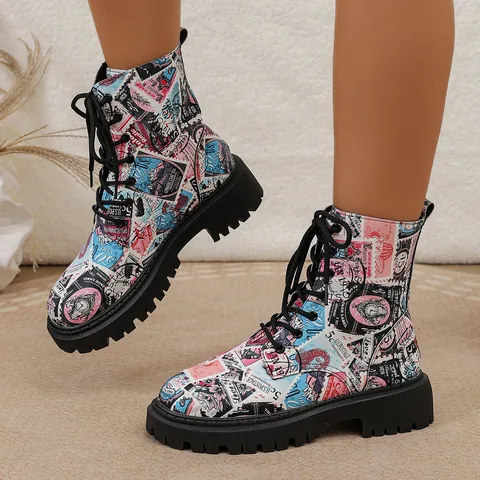 Women Vintage Newspaper Stamp Print Martin Boots Round Toe Lace-up Platform Low Heel Ankle Boots Casual Anti-slip Shoes