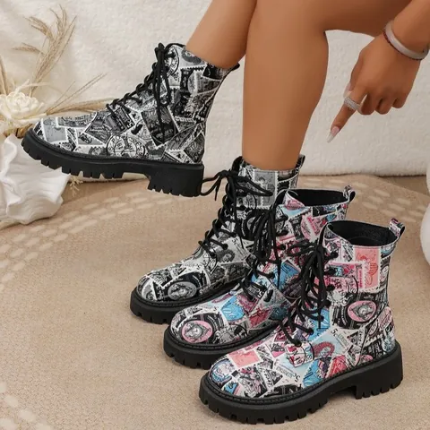 Women Vintage Newspaper Stamp Print Martin Boots Round Toe Lace-up Platform Low Heel Ankle Boots Casual Anti-slip Shoes