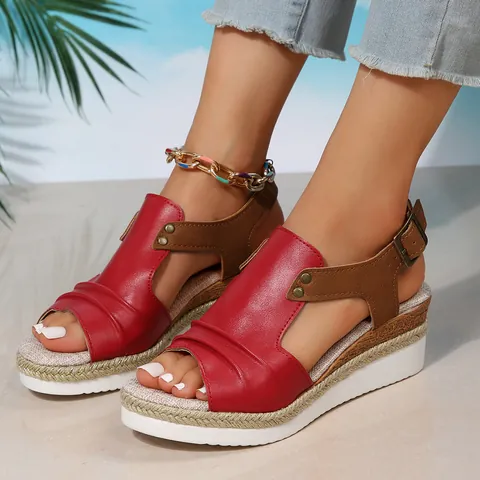 Women Wedge Sandals Peep Toe Espadrille Platform Shoes Bohemian Summer Beach Sandals Casual Buckle Strap Synthetic Leather Sandals