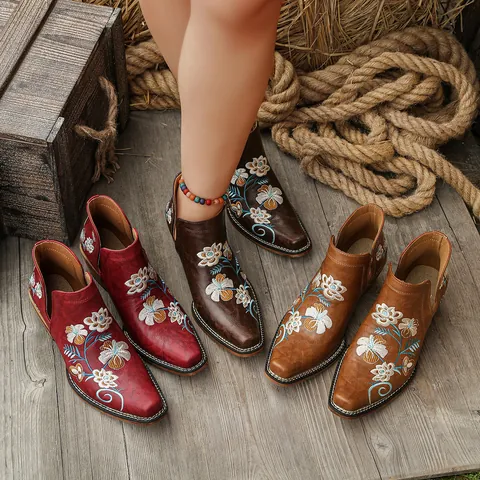 Women's Vintage Floral Embroidery Western Cowboy Boots Square Toe Wood Grain Block Heel V Cut Booties PU Leather Shoes