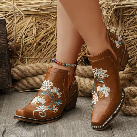 Women's Vintage Floral Embroidery Western Cowboy Boots Square Toe Wood Grain Block Heel V Cut Booties PU Leather Shoes