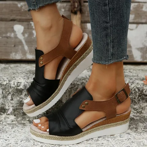 Women Wedge Sandals Peep Toe Espadrille Platform Shoes Bohemian Summer Beach Sandals Casual Buckle Strap Synthetic Leather Sandals