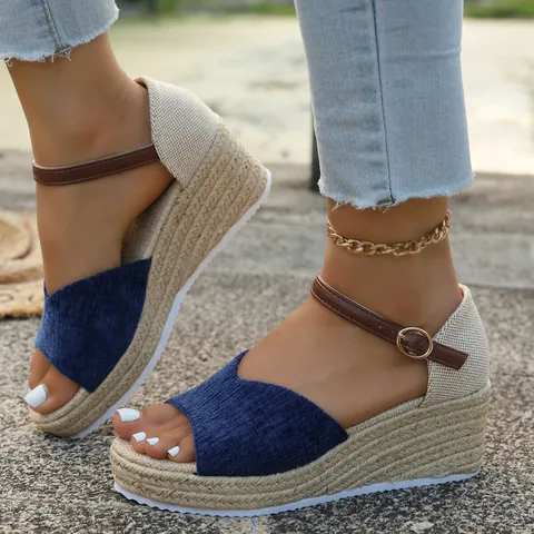 Sandales Compensées en Daim pour Femmes Espadrilles Plateforme Bout Ouvert Bride Cheville Chaussures de Plage D'été Décontractées