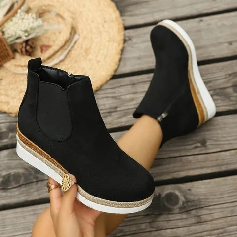 Women's Retro Wedge Ankle Boots Round Toe Platform Side Zipper Faux Suede Espadrille Trim Fashion Short Boots For Autumn