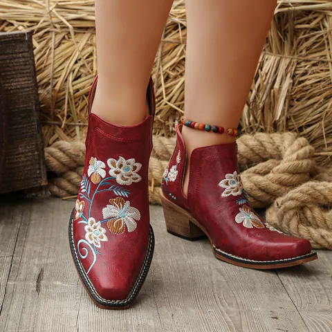 Botas Vaqueras Vintage para Mujer Tacón Ancho Bordado Botines Estilo Británico Corte en V Punta Fina Zapatos de Imitación Piel para Dama