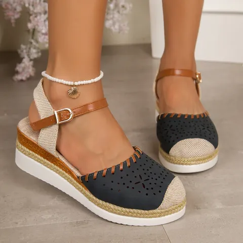 Summer Women Hollow Out Closed Toe Wedge Sandals Roman Buckle Platform Shoes Breathable Casual Espadrille Outdoor Footwear