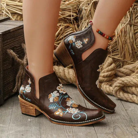 Botas Vaqueras Vintage para Mujer Tacón Ancho Bordado Botines Estilo Británico Corte en V Punta Fina Zapatos de Imitación Piel para Dama