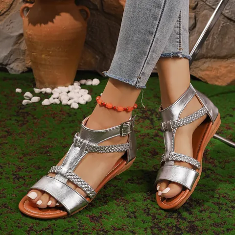 Women Roman Sandals Summer Casual Flat Heel Back Zipper Strappy Braided Sandals Metal Buckle Open Toe Beach Shoes Synthetic Leather