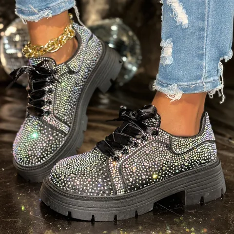 Women Luxury Rhinestone Platform Sneakers Fashion Bling Sparkly Thick Sole Casual Shoes Breathable Lace-up Platform Single Shoes