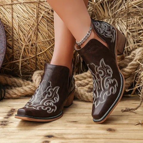 Women Vintage Western Cowboy Ankle Boots Floral Embroidered Pointed Toe V-Cut Chunky Heel Synthetic Leather Martin Boots