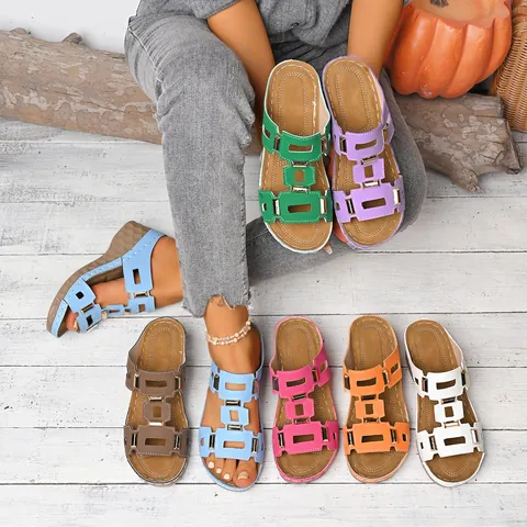 Damen Casual Sommer Plattform Sandalen Geometrischer Ausschnitt Metallschnalle Slipper Flache Schuhe Komfortable Outdoor Strand Schuhe