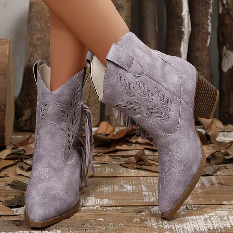 Women's Western Cowboy Fringe Ankle Boots Pointed Toe Block Heel Leaf Embroidered Tassel Pull-on Faux Leather Short Boots