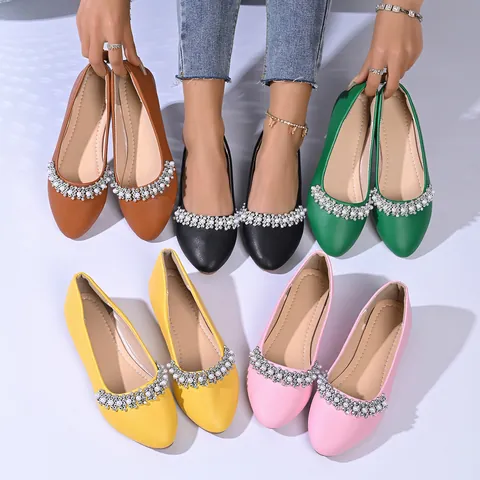 French Style Women Pointed Toe Flats Elegant Faux Suede Rhinestone Artificial Pearl Wedding Party Shoes Comfort Slip-on Dress Shoes