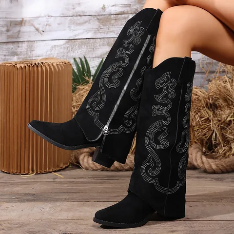 Women Western Cowboy Boots Pointed Toe Block High Heel Knee High Suede Boots Retro Embroidery Riding Boots Autumn Winter Fashion Shoes