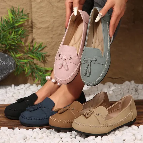 Mocasines Planos Casuales Para Mujer Color Sólido De Malla Con Detalle De Borlas Zapatos Planos Cómodos Para Uso Diario Tallas Grandes
