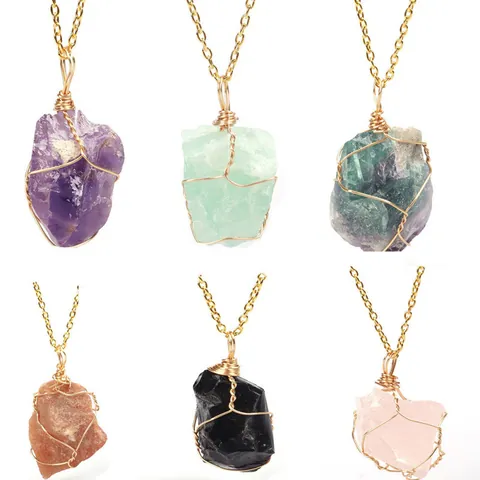 Handmade Irregular Natural Crystal Stone Pendant Necklace Wire Wrapped Raw Stone Necklace For Women Men Fashion Jewelry