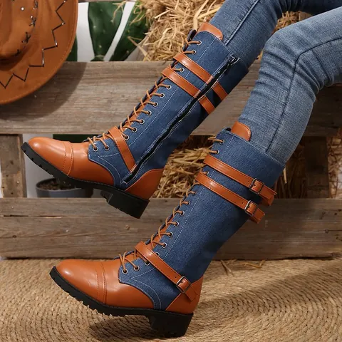 Γυναικείες Μπότες Ιππασίας Denim Color Block Μέχρι το Γόνατο Τεχνητό Δέρμα Αγκράφα Κορδόνια Πλευρικό Φερμουάρ Ρετρό