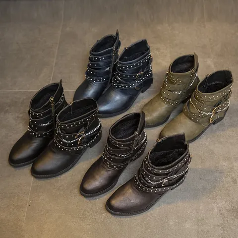 Damen Punk Rock Stiefeletten PU Leder Blockabsatz Nieten Schnallenband Metallkette Seitenreißverschluss Gothic Motorrad Stiefel Herbst Winter Schuhe