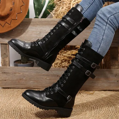 Stivali da Cavaliere Donna in Denim e Pelle Sintetica Patchwork Punta Arrotondata Tacco Largo Al Ginocchio Fibbia Stringati Cerniera