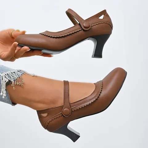 Women Vintage Mary Jane Shoes PU Leather Scalloped Edge Round Toe Spool High Heel Ankle Strap Office Work Party Pumps