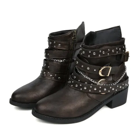 Damen Punk Rock Stiefeletten PU Leder Blockabsatz Nieten Schnallenband Metallkette Seitenreißverschluss Gothic Motorrad Stiefel Herbst Winter Schuhe