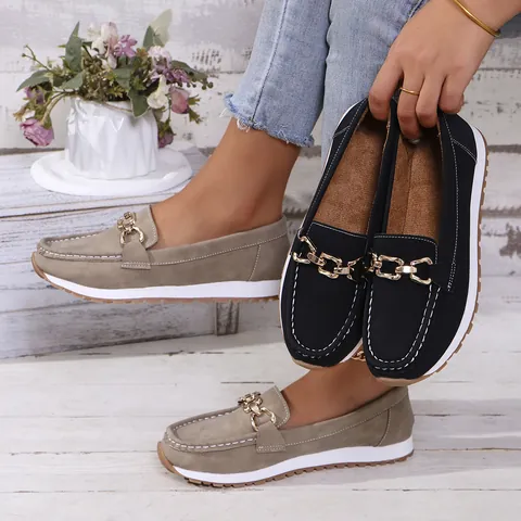 Dames Casual Loafers Vintage Metalen Ketting Decor Platform Platte Schoenen Effen Kleur PU Lederen Slip-On Schoenen