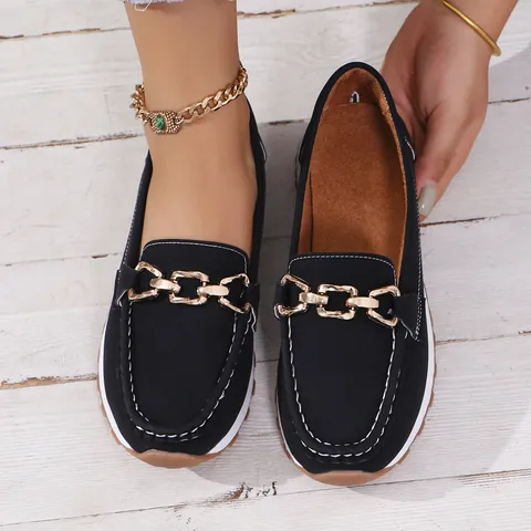 Dames Casual Loafers Vintage Metalen Ketting Decor Platform Platte Schoenen Effen Kleur PU Lederen Slip-On Schoenen