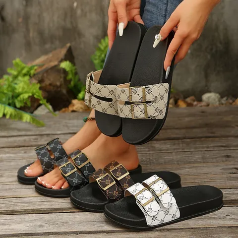 Women Summer Platform Slides Retro Floral Pattern Double Adjustable Buckle PU Leather Comfortable Thick Sole Casual Slippers