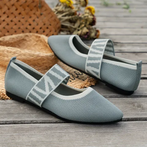 Women Pointed Toe Flat Shoes Flyknit Breathable Slip On Mary Janes Casual Loafers Soft Sole Walking Shoes For Women